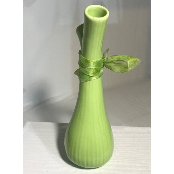 Ganz Double Bud Vase Green Scallion Celery Ceramic Ribbon Kitchy 8" Vintage - Picture 4 of 7